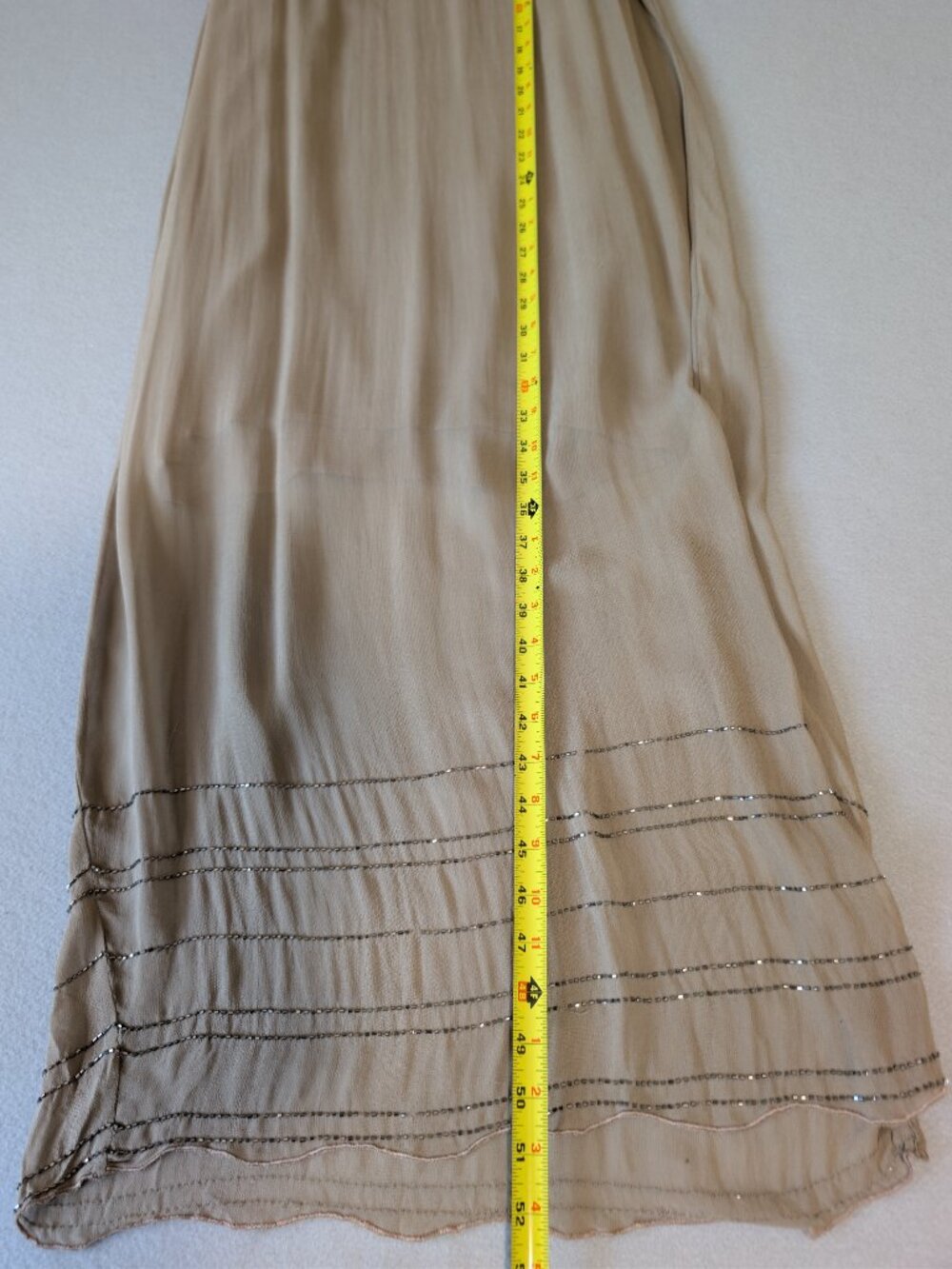 Chan Luu Beaded Maxi Dress Cardigan Set Tan Chiffon Fringe Racerback Slit L - Picture 15 of 16